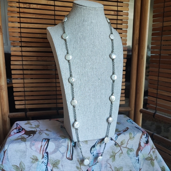 LUCKY Brand Pitted Blister Real? Coin Pearls Wire Wrapped Silver Tone Necklace - Picture 1 of 11